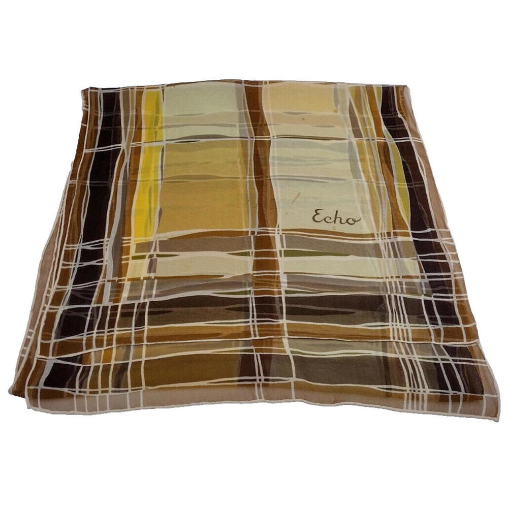 Vintage Chiffon Echo Silk Scarf LARGE OBLONG MCM Mondrian-inspired Brown Mustard